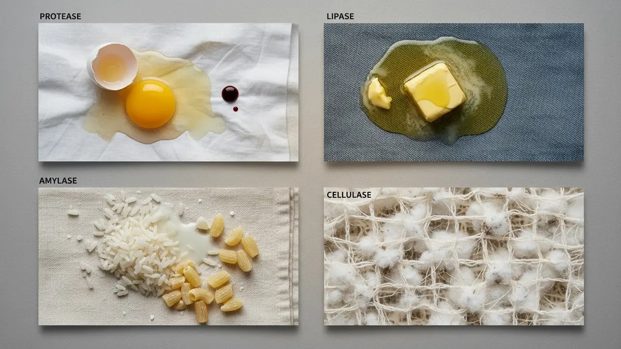 Fire billeder i én: protease, lipase, amylase og cellulase med tilhørende pletter og tekstiler