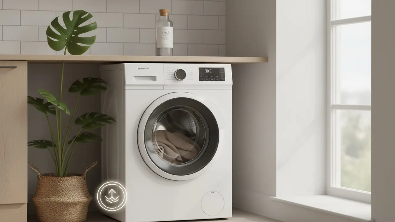 Vaskemaskine med 30°C display og grønne elementer, symboliserer energibesparelse