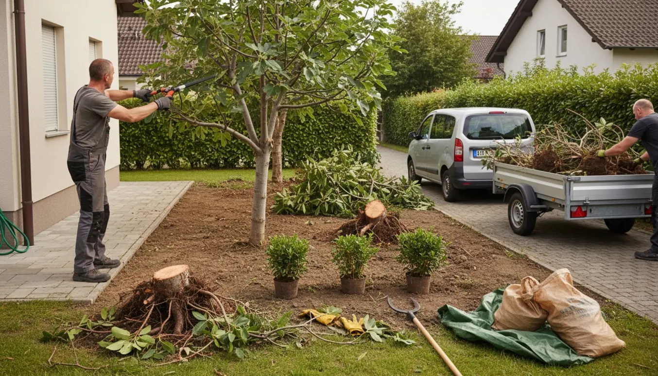 Udsigt over en villahave, hvor buske og mindre træer ryddes og læsses på trailer.