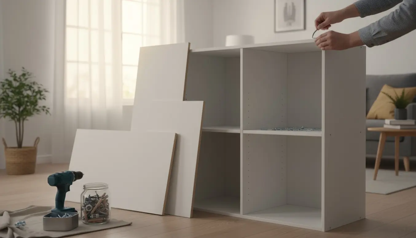 Delvist samlet hvidt garderobeskab med værktøj, skruer og hænder i en lys stue.