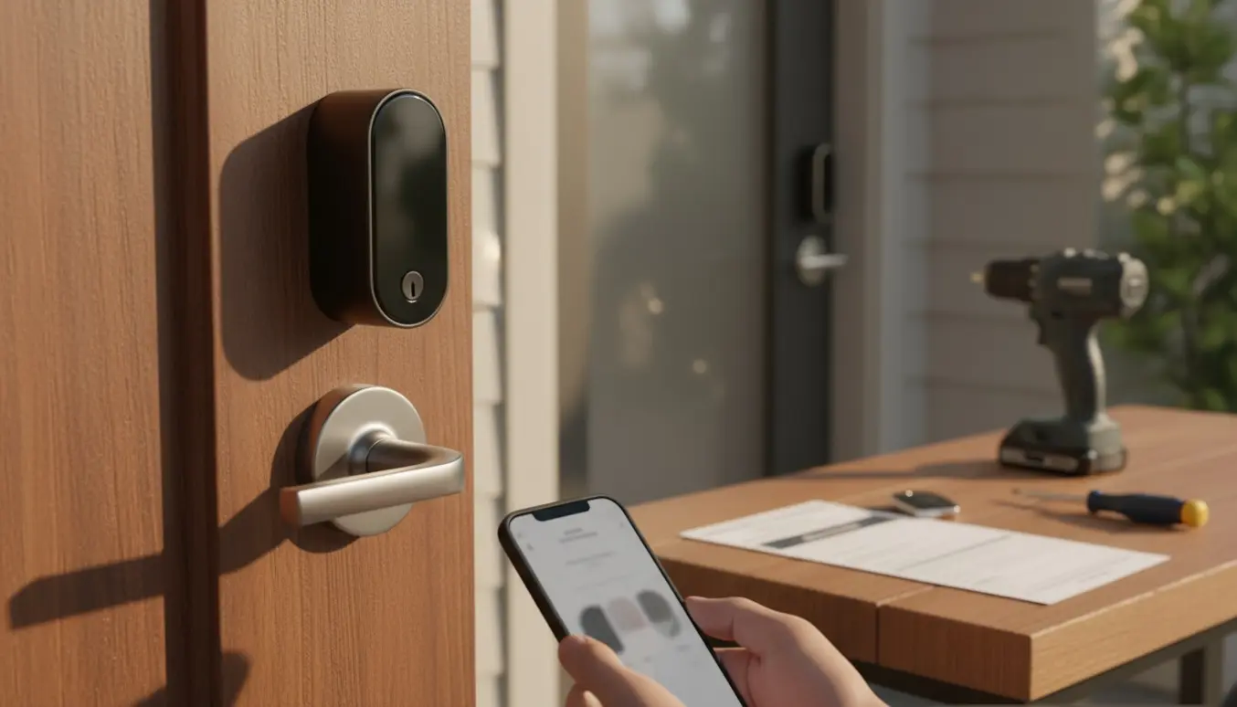 To moderne smartlåse monteret på en indgangsdør, med en smartphone og værktøj i forgrunden.