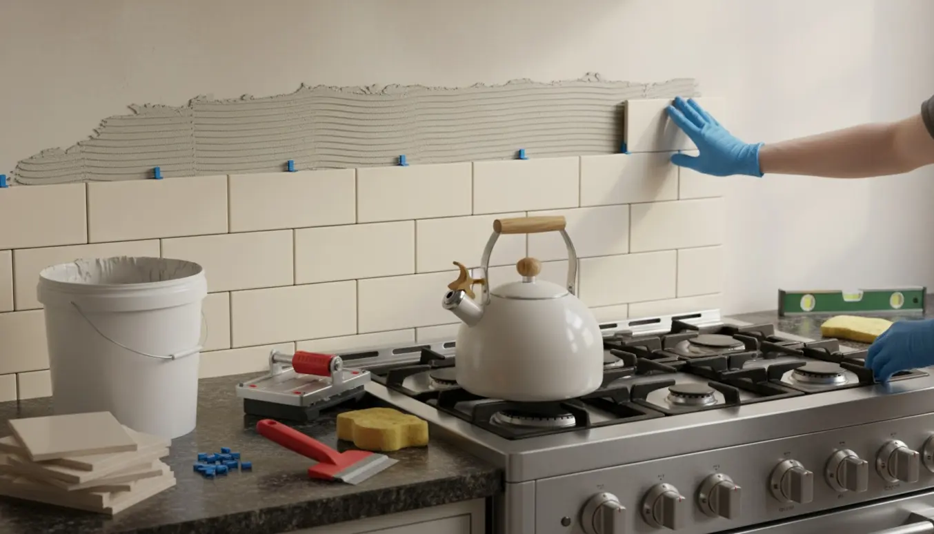 Delvist færdigmonteret flisebaggæld bag et komfur med fliseklæb, flisekryds og værktøj på køkkenbordet.