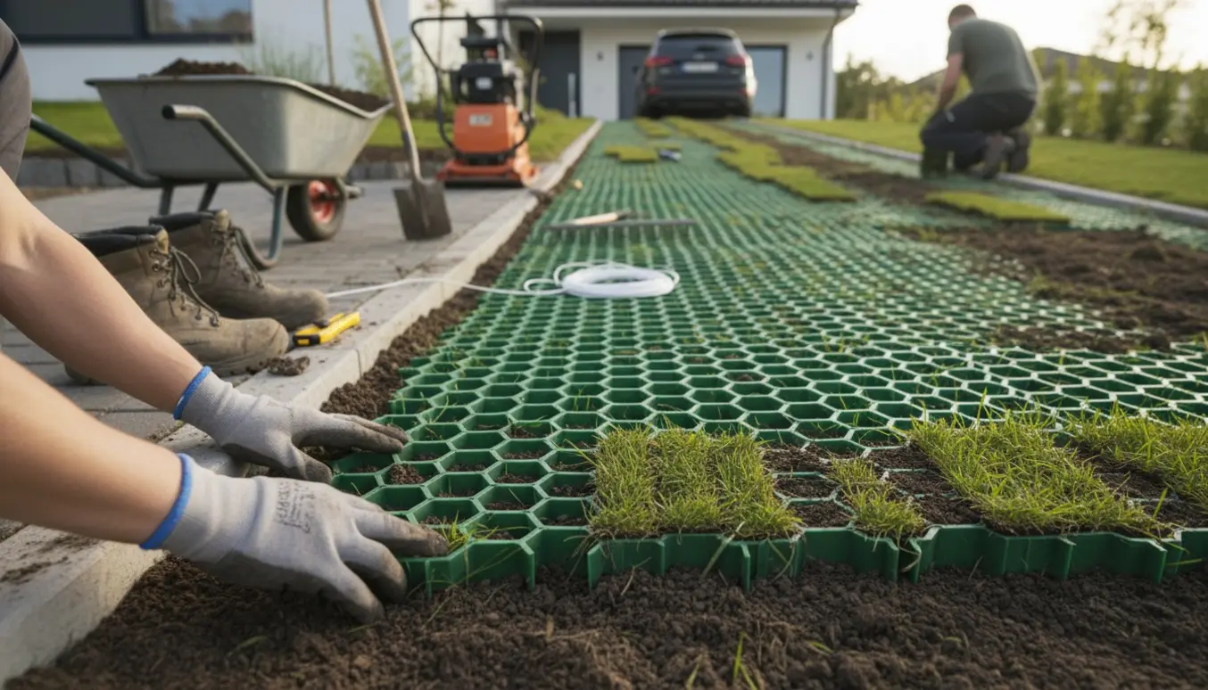Nærbillede af græsarmering, med hænder, værktøj og frisk græs på en hældende indkørsel.
