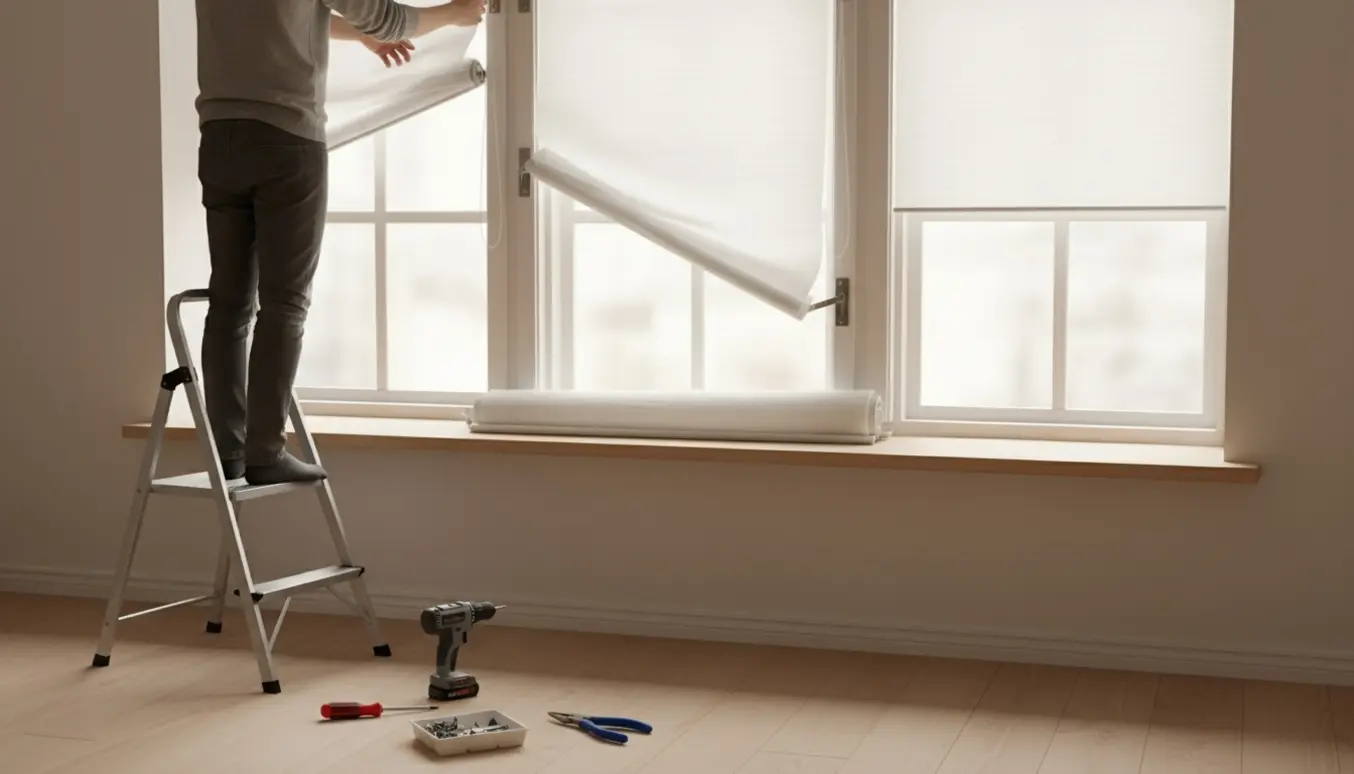 Tre hvide rullegardiner tages ned fra vinduer, hænder på en stige og værktøj på gulvet.