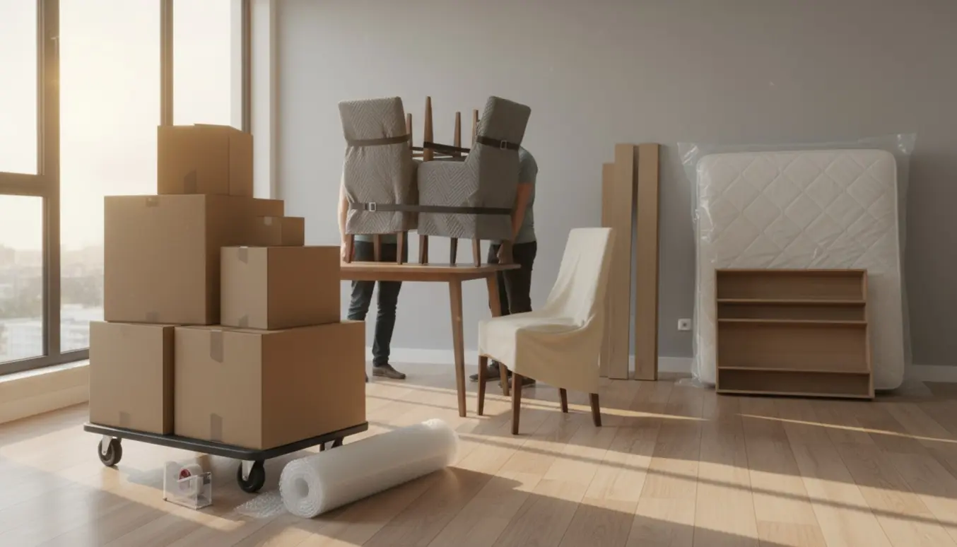 Flytning i lejlighed med indpakkede møbler og kasser, herunder seng, reol, spisebord og stole.