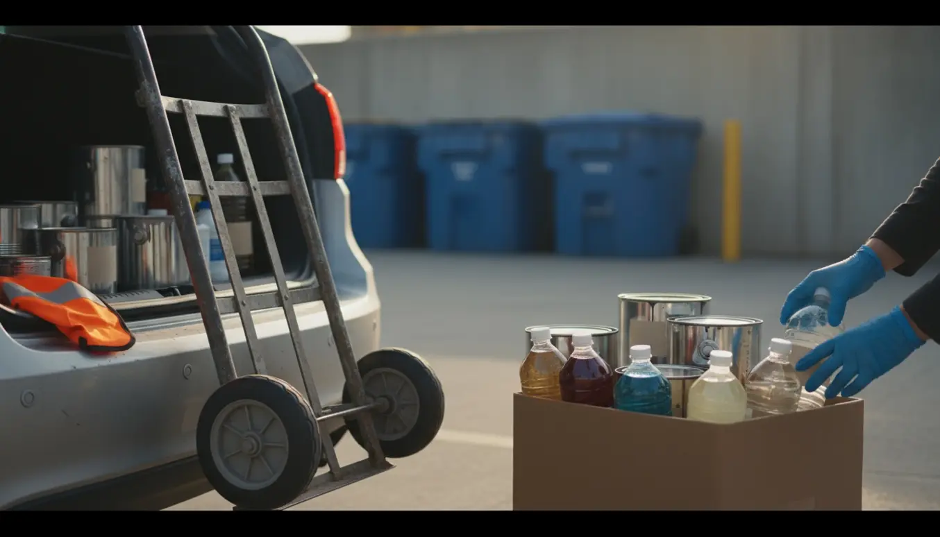 Bilbagager fyldt med malerbøtter, spraydåser og flasker med kemikalier klar til aflevering på genbrugsstationen.