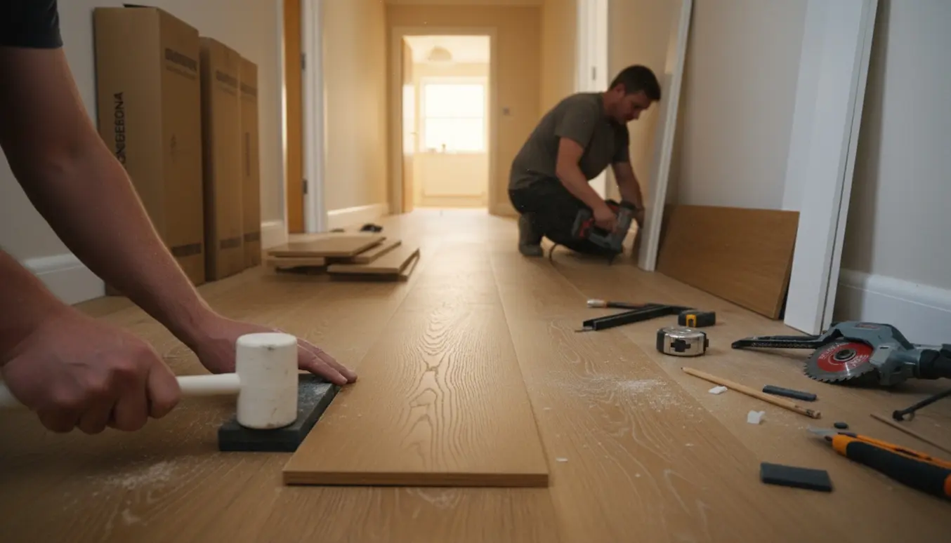 Hænder monterer klikgulv i en lys gang med planker, værktøj og lister klar til montering.
