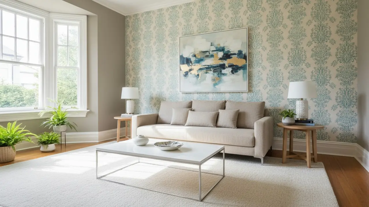 Lyst stueinteriør med velholdt mønstret tapet på en fremtrædende væg
