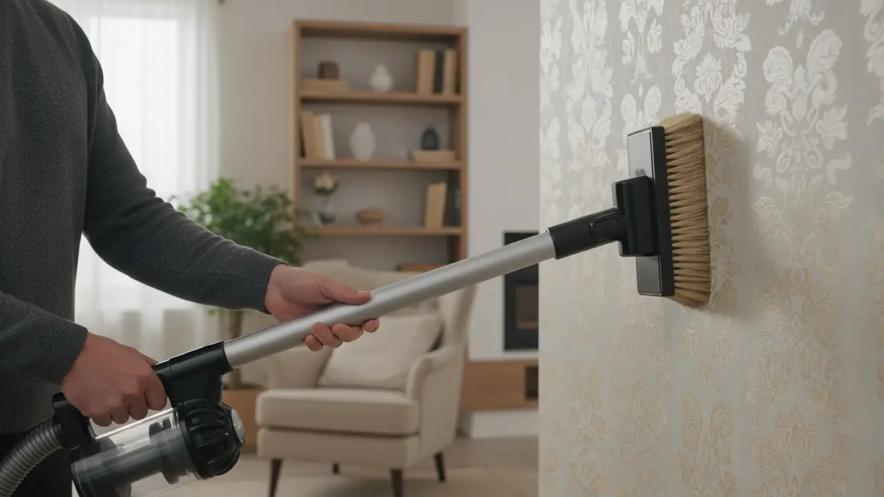 Nærbillede af støvsuger med børstemundstykke, der rengør tapet i nedadgående strøg