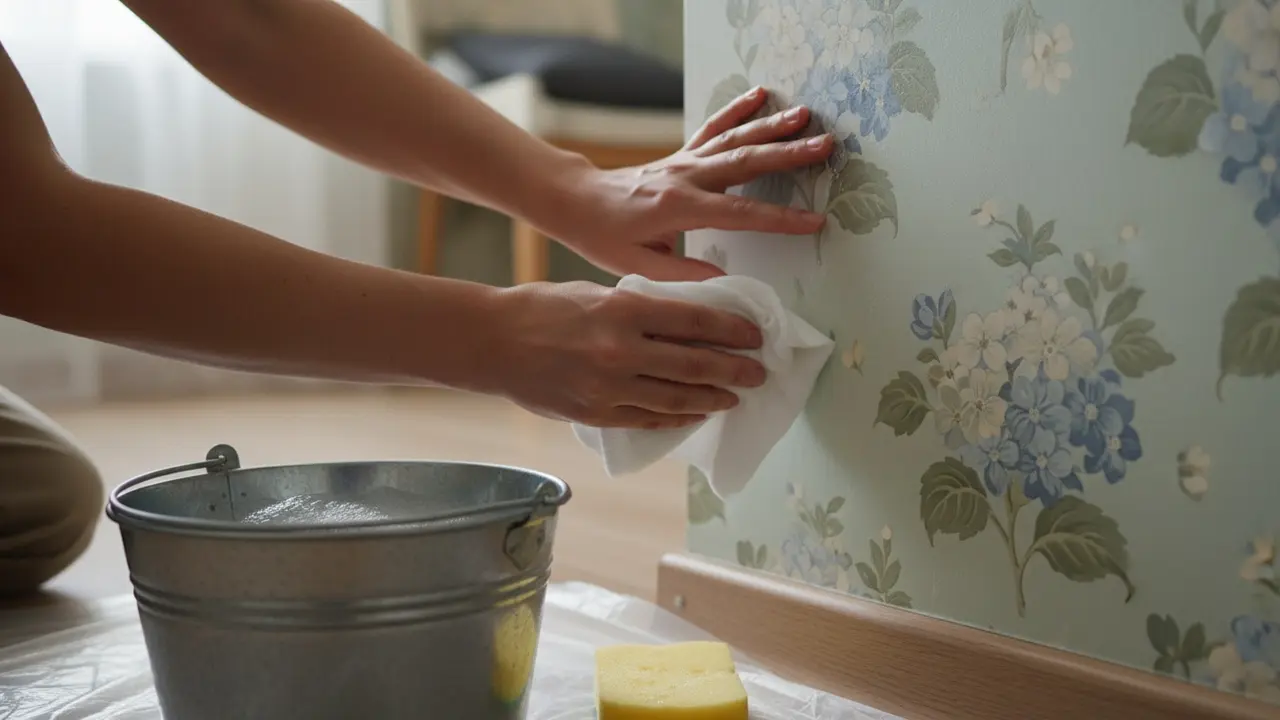 Hænder der tester et mildt rengøringsmiddel på et afsides tapetstykke med en klud