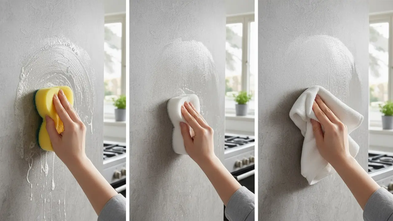 Person tørrer vinyl-tapet ved komfur med fugtig svamp og tørrer efter med håndklæde
