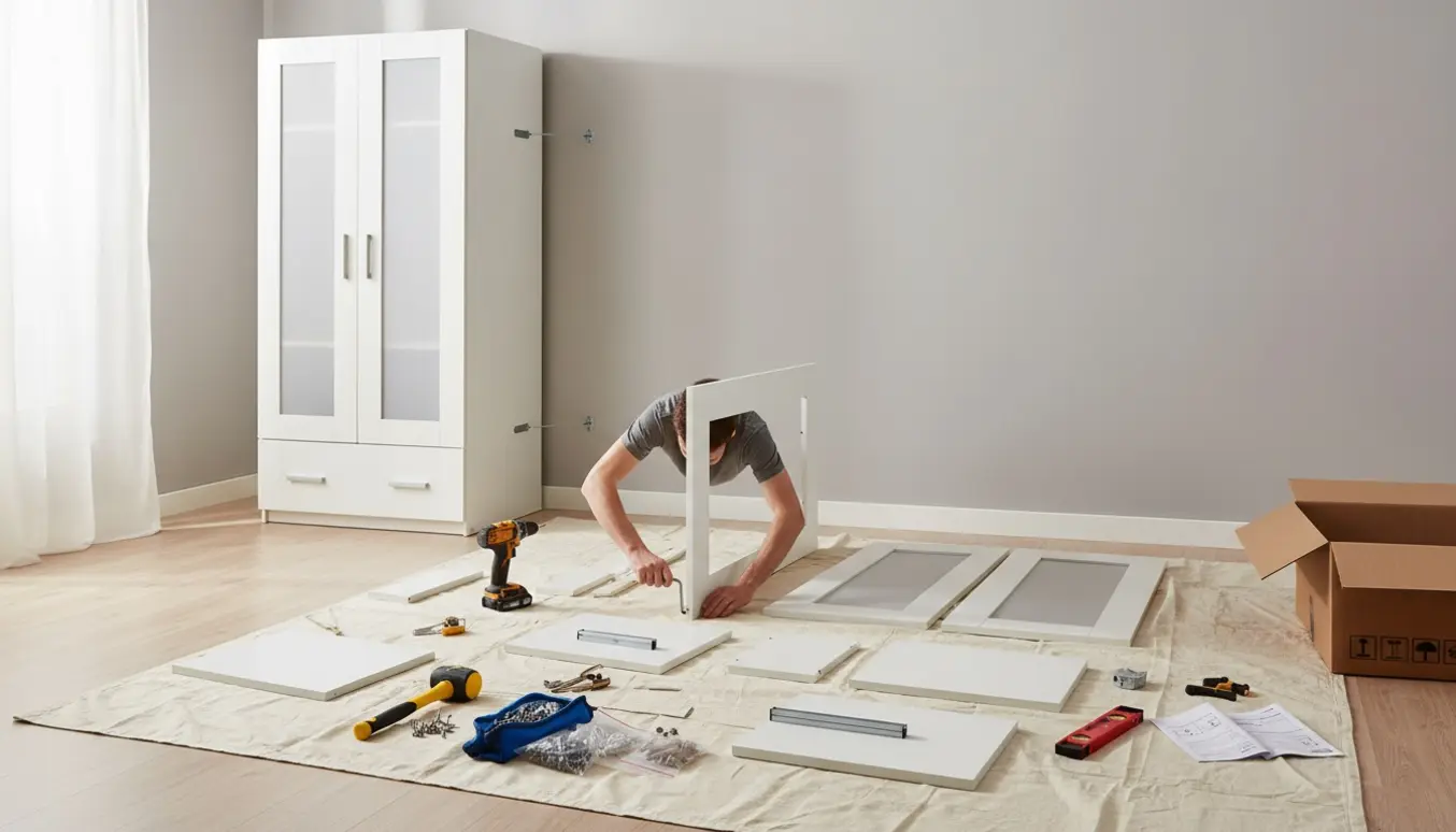 To Brimnes-skabe i færd med at blive samlet i et lyst soveværelse med værktøj og skruer på gulvet.