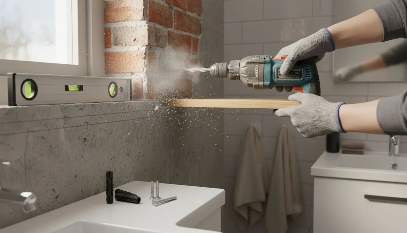 Hænder med boremaskine monterer en lille træreol i en murstens-/betonvæg på et badeværelse.