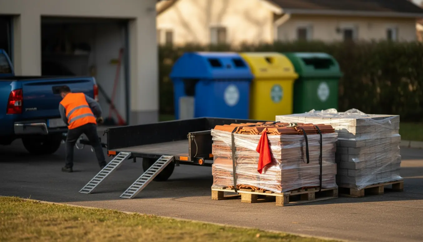 Halv palle ubrugte tagsten på indkørsel klar til at blive læsset på en trailer, med en palle fliser ved siden af.