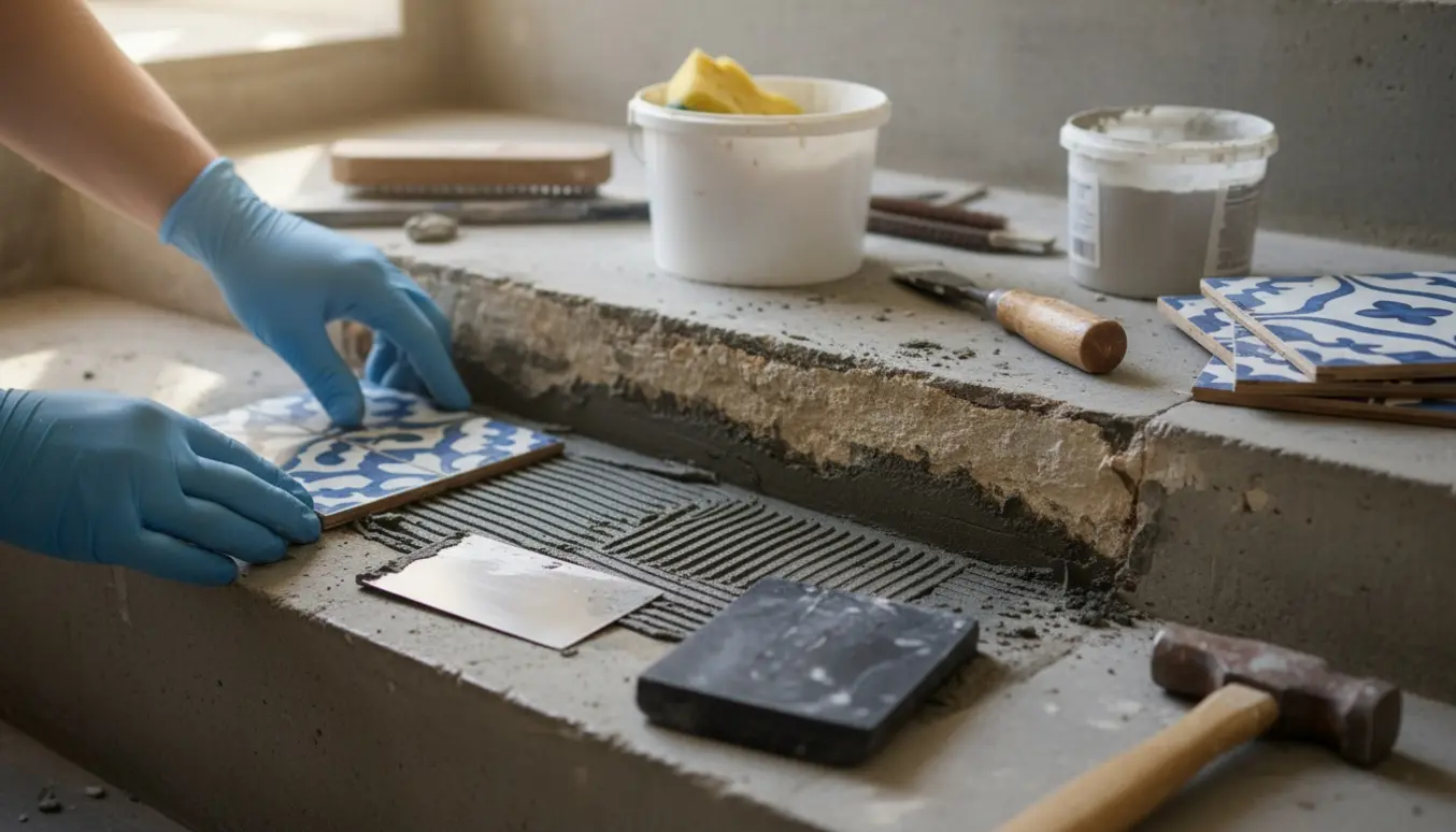 Nærbillede af hænder i handsker, der sætter en genbrugt flise på et trappetrin med værktøj og frisk cement omkring.