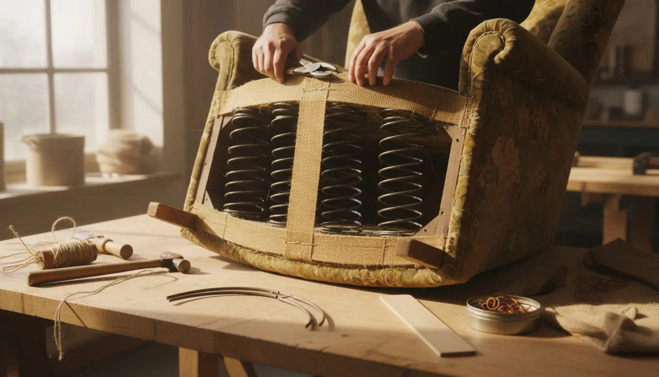 Hænder monterer en ny bund i en ældre lænestol med ødelagte, hængende fjedre i et lyst værksted.