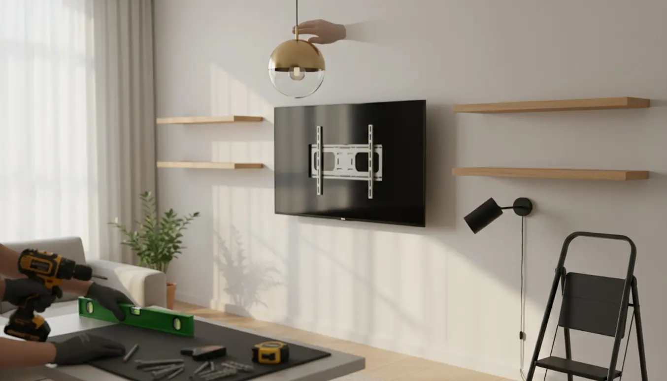 Hænder monterer et fladskærms-tv, flydende hylder og en loftlampe i en moderne stue.