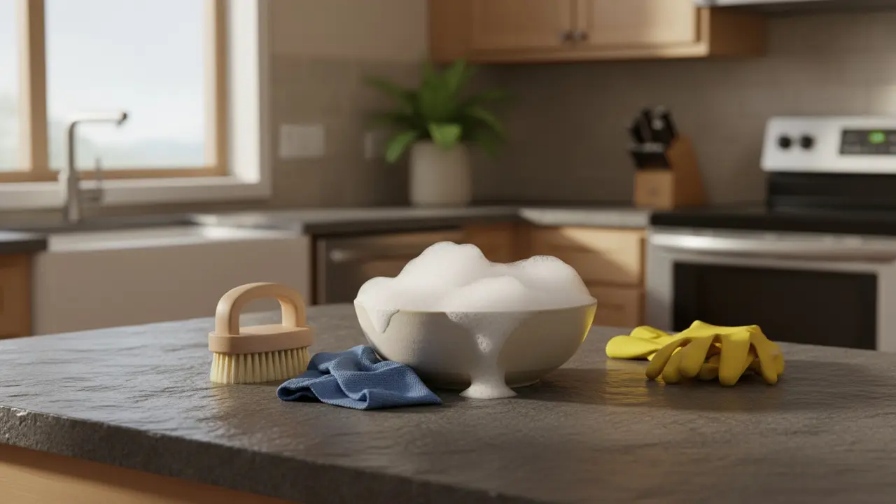 Skiferbordplade med sæbe, blød børste og fugtig klud i køkken