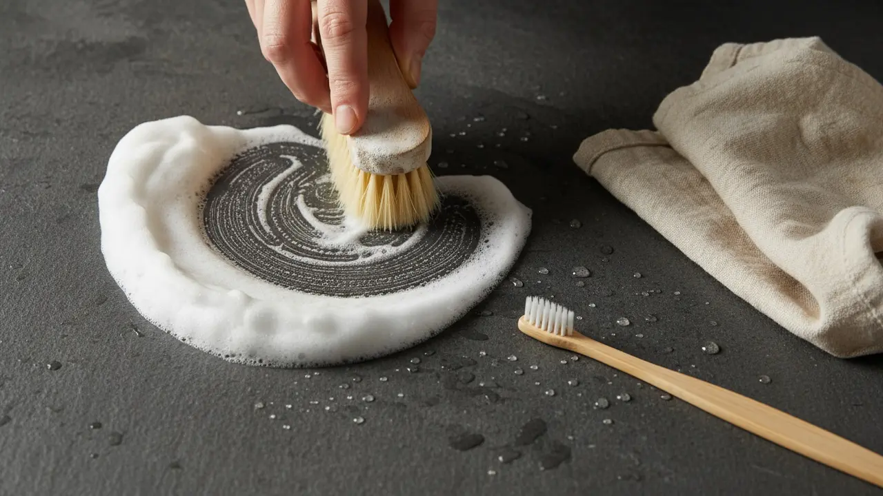 Nærbillede af blød børste der påfører sæbeskum på skiferbordplade