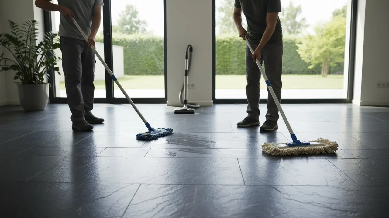 Person vasker og tørrer skifergulv med hårdt opvredet moppe efter fejning