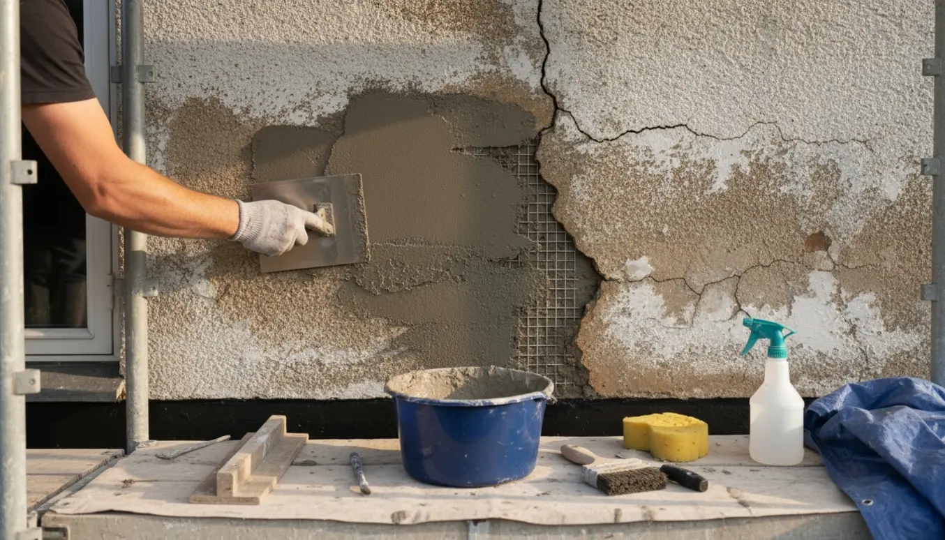 Reparation af fem revner i husfacade med murske og vandskuring under udførsel.