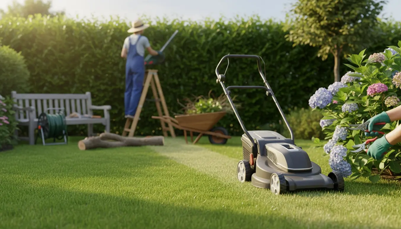 Nyligt slået græs med en hæk under klipning, beskårne buske og haveredskaber i en sollys villahave.