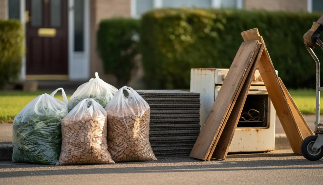 Gennemsigtige poser med haveaffald og kork, stabler af paneler og firkantede gulvtæpper samlet til storskrald ved fortovet, med en rusten ovn ved siden af.