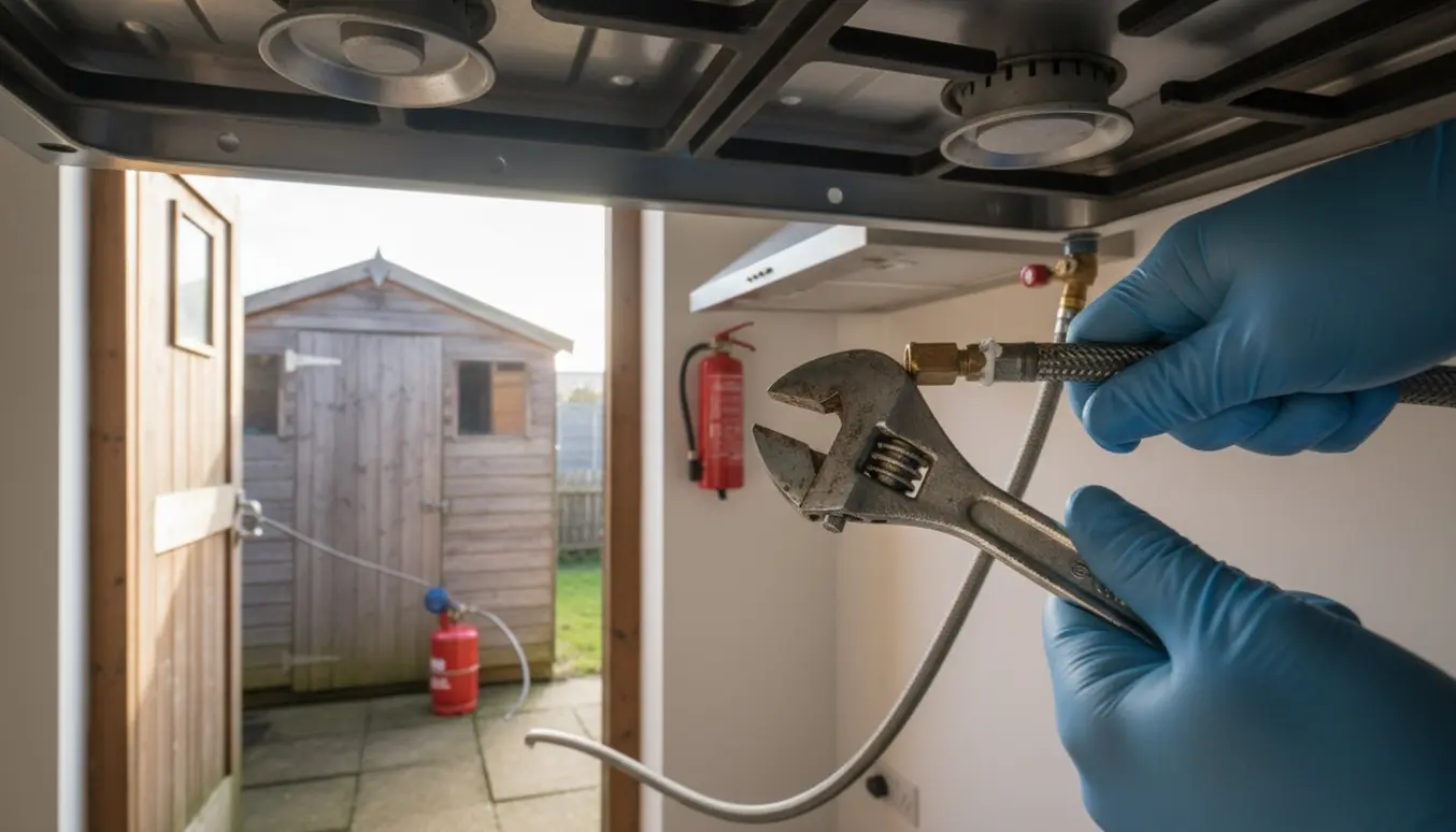 Handskerede hænder forbinder en gasflaske i skuret til et rustfrit gasblus gennem en åben bagdør.