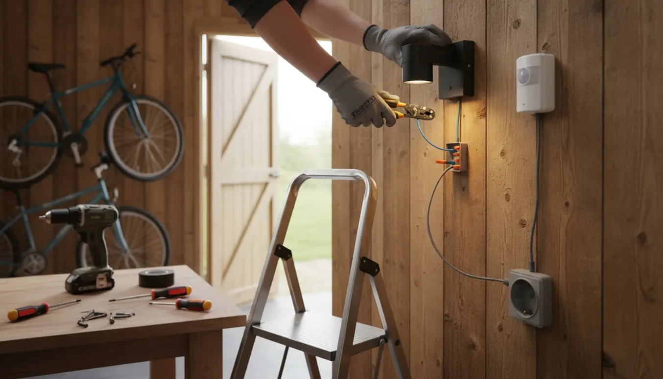 Hånd i arbejdshandske monterer en udendørslampe og bevægelsessensor i et træbeklædt cykelskur.