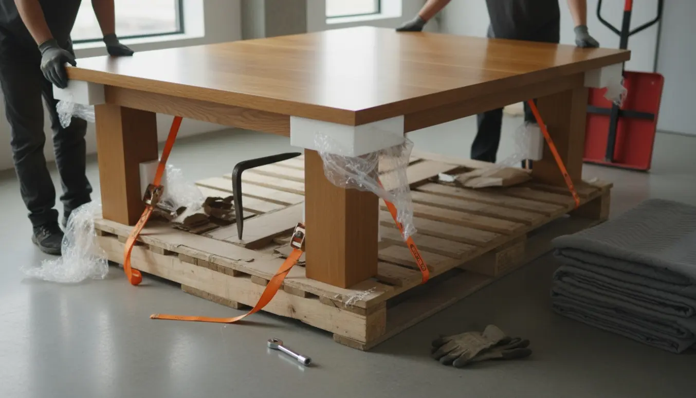 Tungt spisebord delvis løftet fra en palle med pakkematerialer og værktøj, uden synlige ansigter.