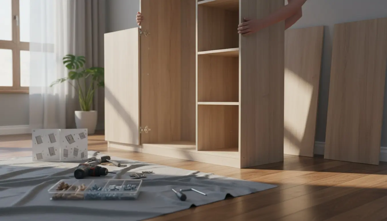 To personer samler et stort fladtpakket klædeskab i en lys stue med værktøj og dele spredt på gulvet.