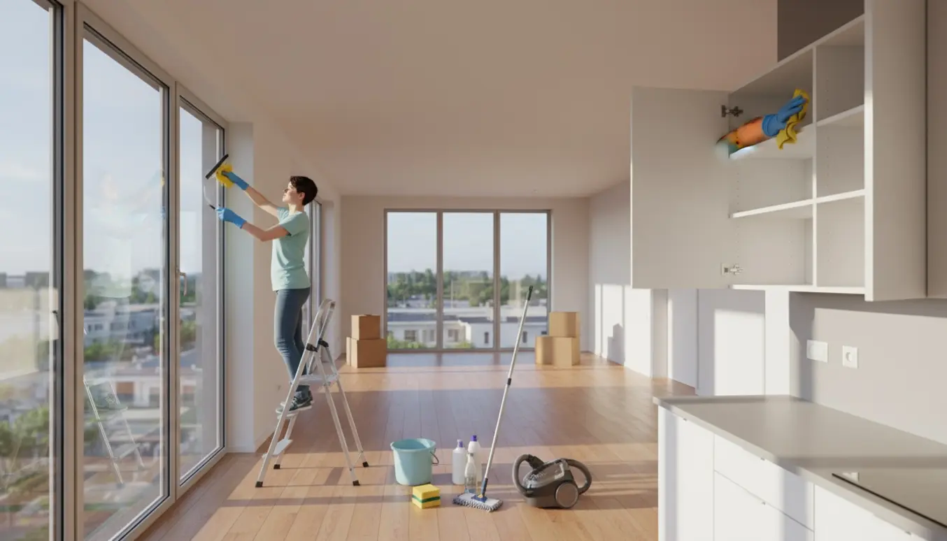 Tom lejlighed under flytterengøring med åbne skabe, rengøringsudstyr og hænder, der pudser et vindue.