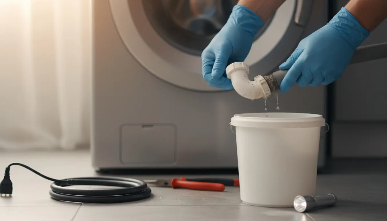 Nærbillede af en vaskemaskines afløbsslange ved et PVC-rør med handsker, spand og værktøj klar.