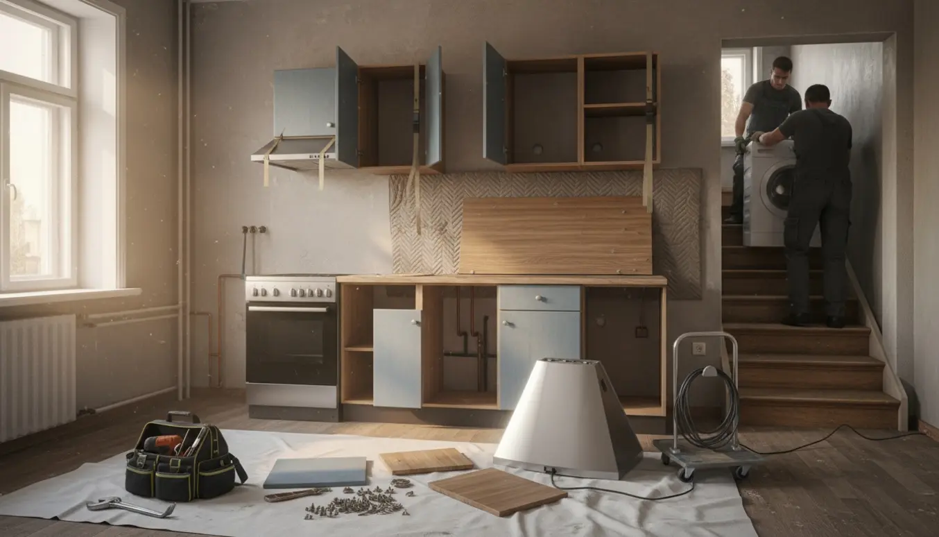 Nedtagning af gammelt køkken med afmonterede skabe, bordplade og apparater, og vaskemaskine båret ned ad trappe.