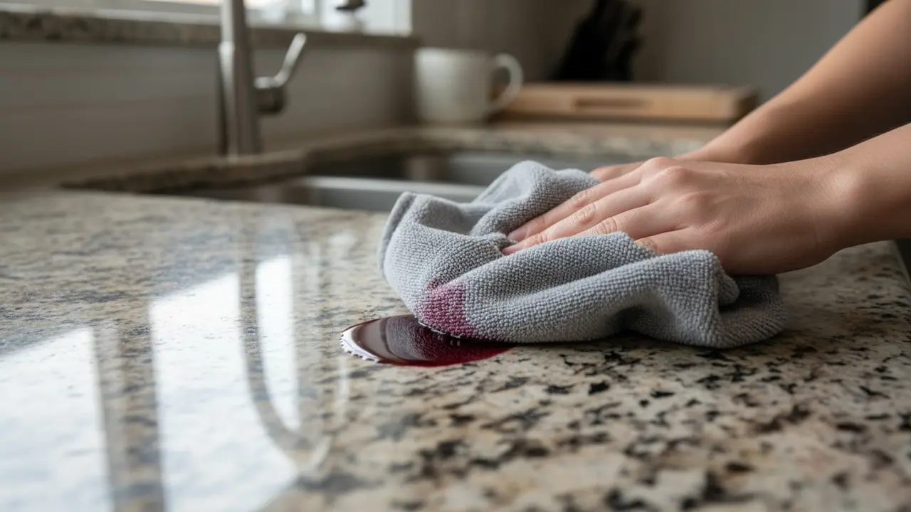 Nærbillede af at få spild fjernet fra granit ved at duppe med en mikrofiberklud
