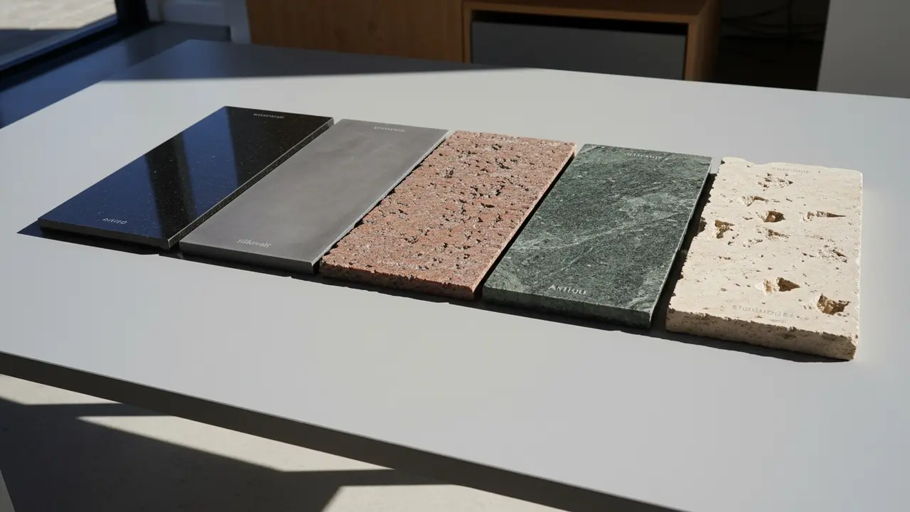 Forskellige granitprøver vist side om side med poleret, matslebet, flammebrændt og antik overflade