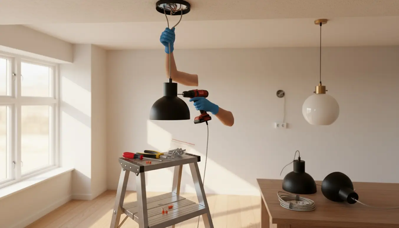 Montage af tre loftslamper i en lys lejlighed med værktøj og en lille pose skruer synlig.