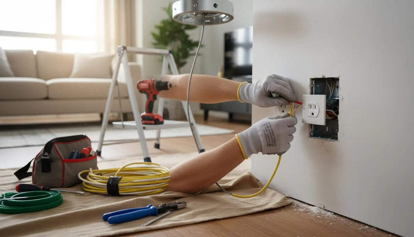 Hænder på elektriker, der monterer stikkontakt og trækker ledninger til loftventilator i en bolig.
