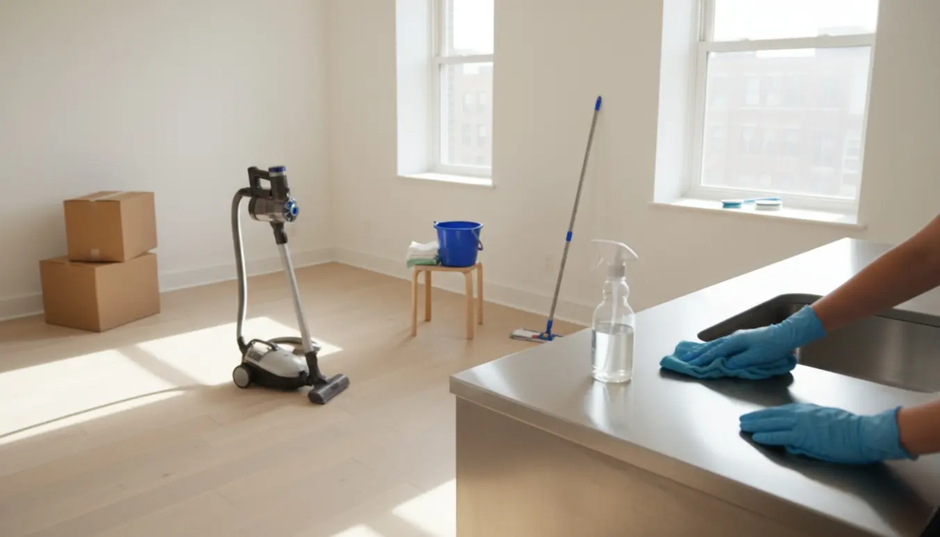 Person rengør en tom lejlighed med støvsuger, klude og spand i blødt dagslys.