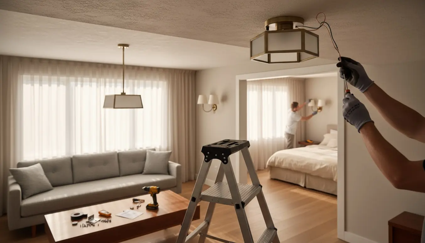 Udsnit af en stue med loftslampe under montering og kig ind til et værelse med væglampe under opsætning, med værktøj og stige i forgrunden.