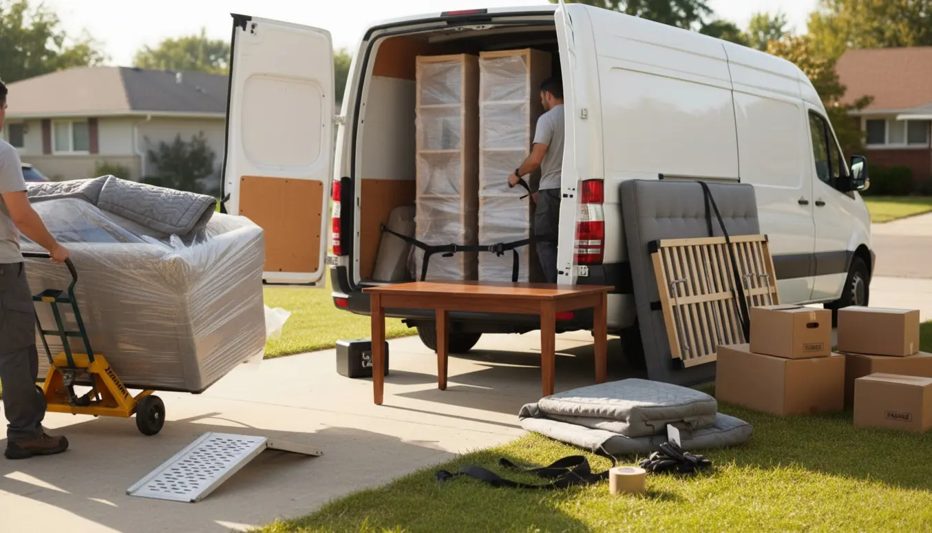 Flyttevogn på indkørsel med indpakket sofa, to senge, to reoler og et spisebord læsset ind.