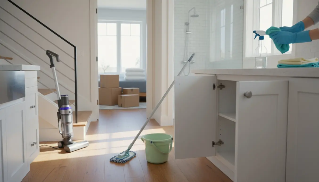 Hjem under flytterengøring med hænder, der tørrer et åbent køkkenskab, en støvsuger og en moppe i rummet.