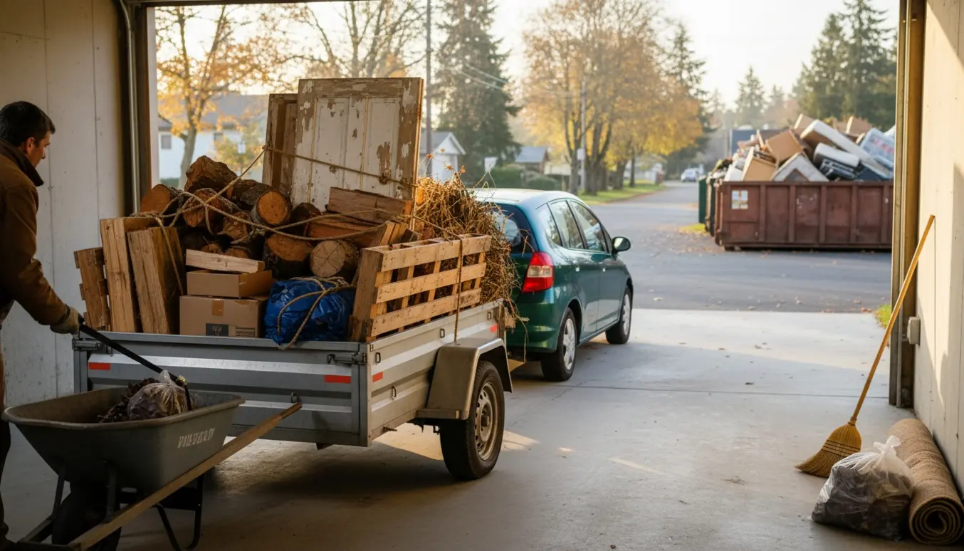 Åben trailer fyldt med træ og affald foran en ryddet carport klar til tur til lossepladsen.
