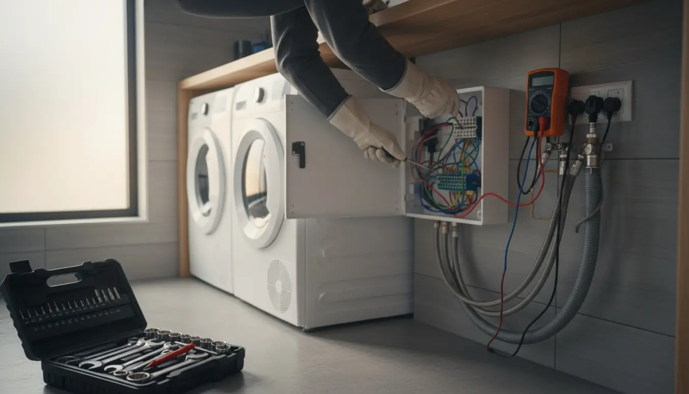 Elektriker forbinder vaskemaskine, tørretumbler og opvaskemaskine i et lyst bryggers.