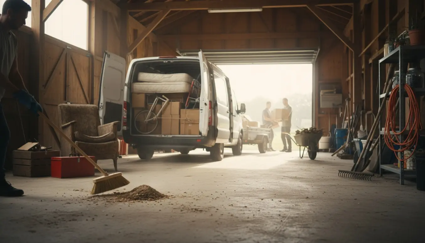 Fejende hånd i forgrunden foran en varevogn og trailer lastet med skrammel uden for en delvist tømt stald/garage.