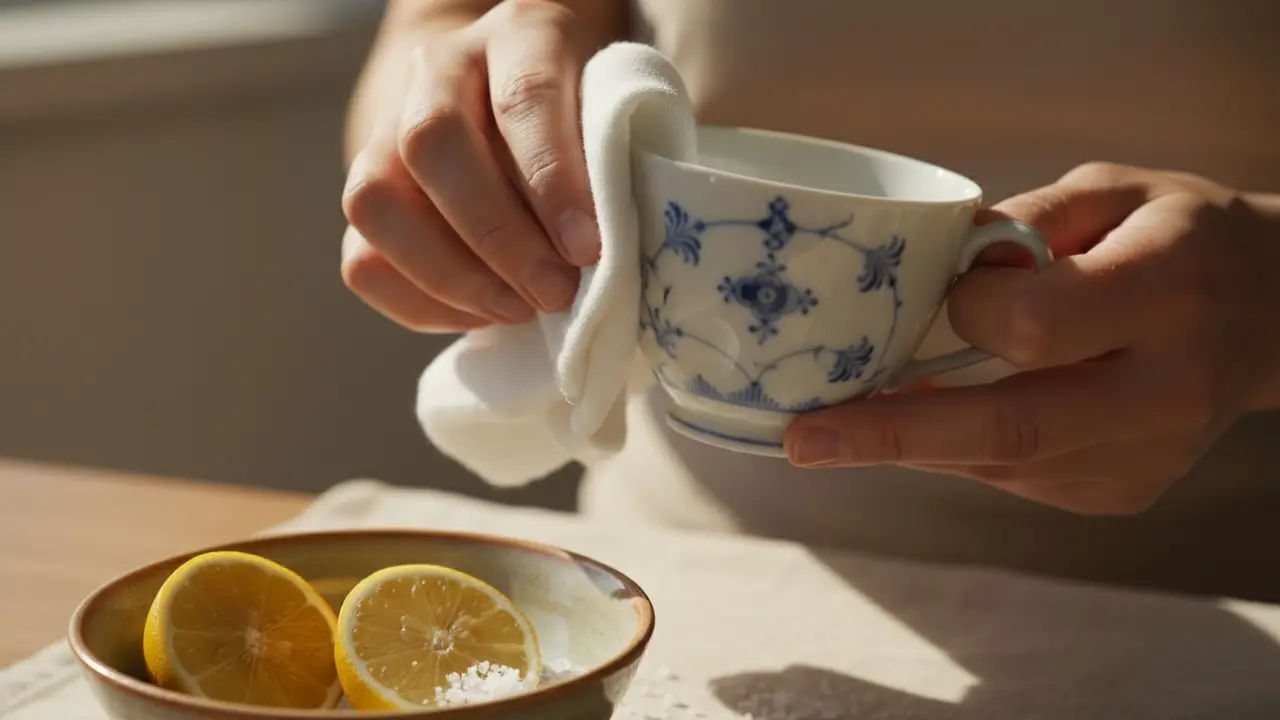 Hænder gnider blidt en musselmalet tekop med klud, citron og groft salt på bordet