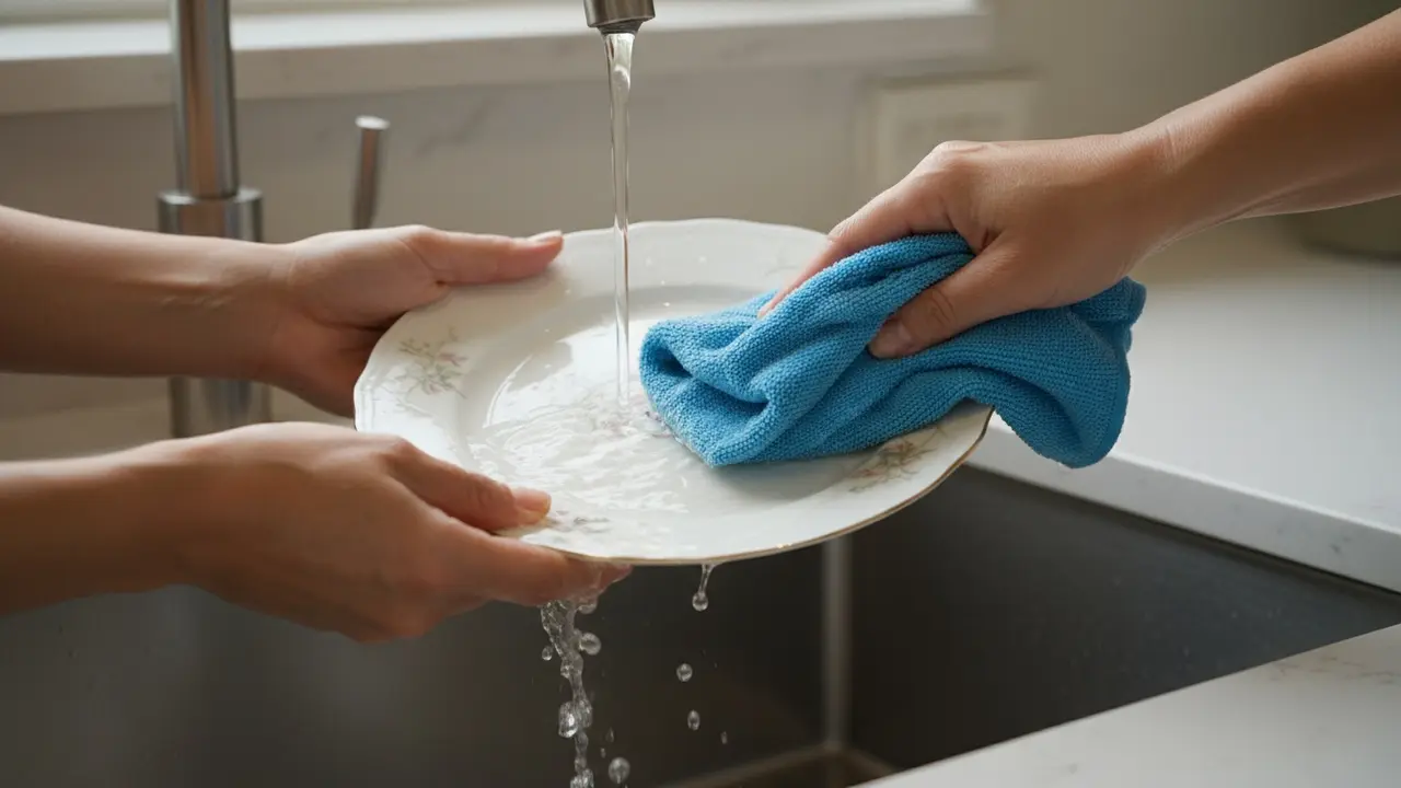 Hænder skyller en porcelenstallerken under lunkent vand og tørrer med mikrofiberklud