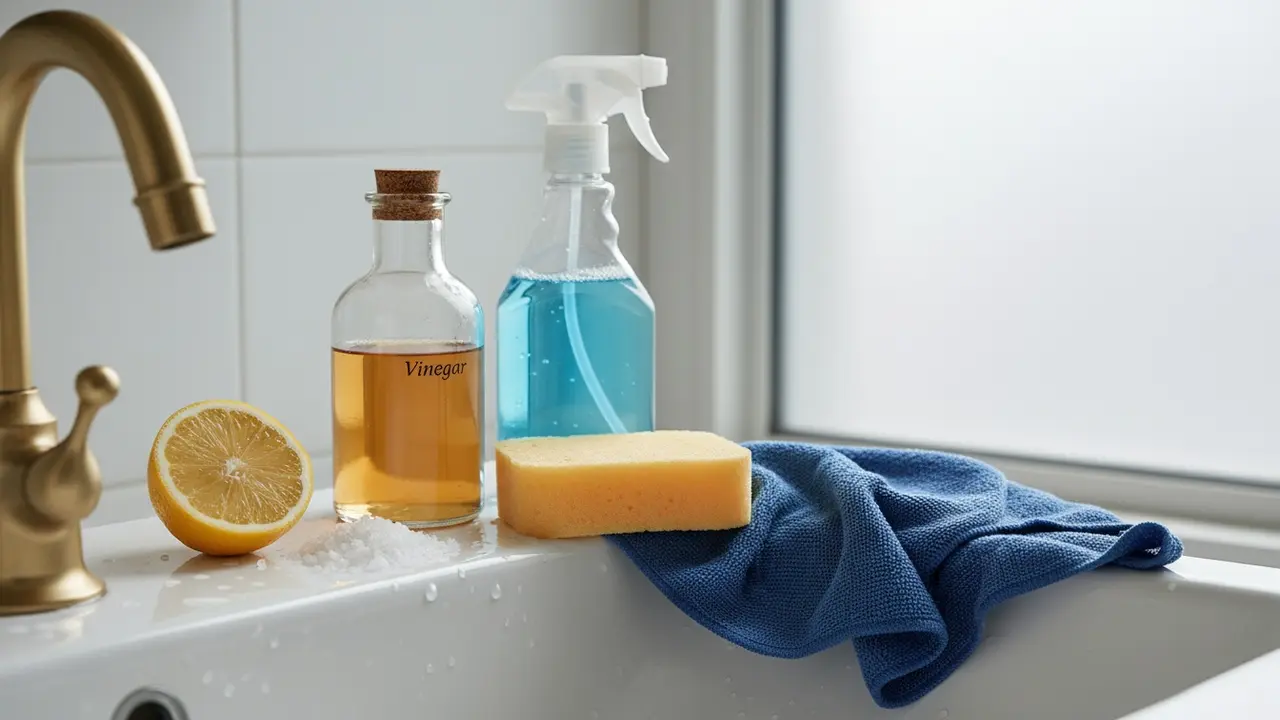 Oversigt over rengøringsmaterialer: citron, groft salt, eddike, glasrens, svamp og poleringsklud ved vasken
