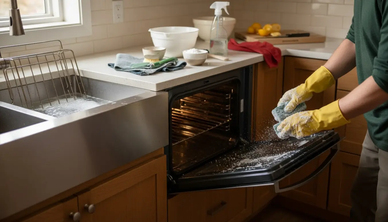 Hænder i handsker skrubber en meget beskidt ovn med bagepulverpasta, mens ovnriste trækker i vasken.