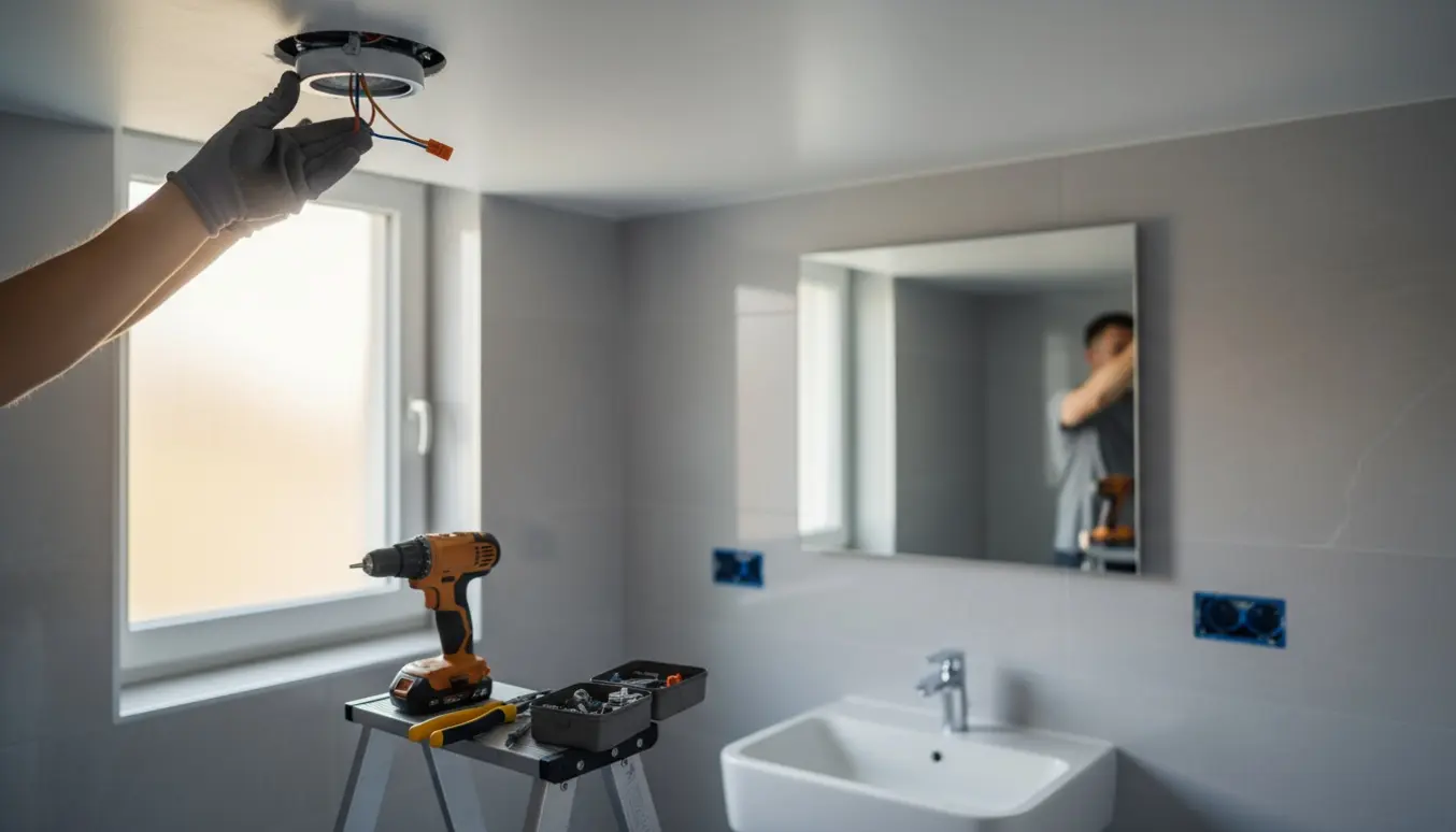 Hænder installerer indbyggede spots i et moderne badeværelse med værktøj og nyt eludtag i baggrunden.